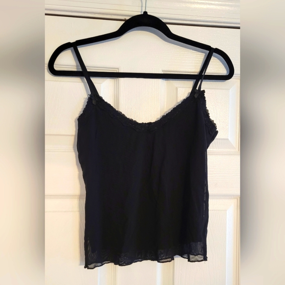 Used, black tank top with sheir and lace detailing, L, Forever 21